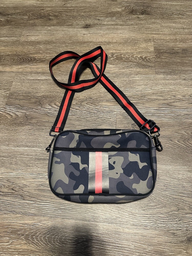 Camo Neoprene Crossbody Bag with Black Red Strap