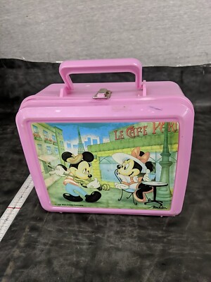 Vintage Mickey Minnie Mouse Le Cafe Aladdin Plastic Lunch Box With Thermos