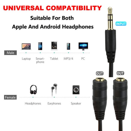 Stereo Earphone Y Splitter 3.5mm AUX Plug Audio Headphone Cable Adapter Cord - Imagen 2 de 11