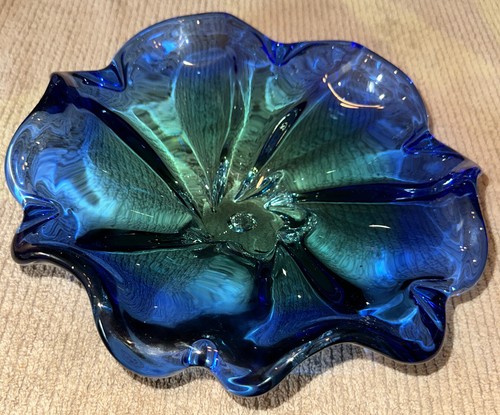 Piatto vetro artistico pesante vintage Royal Gallery blu e verde made in Poland - Foto 1 di 7