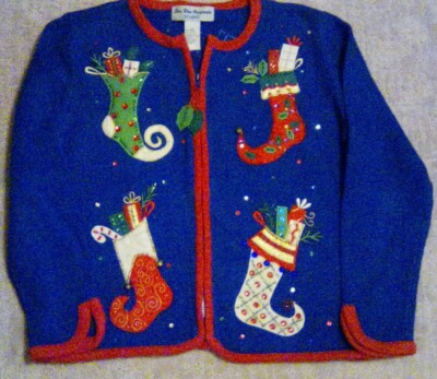 Womens Christmas Sweater Size Small Zip Up Blue Red Green Stockings Jiggle Bells