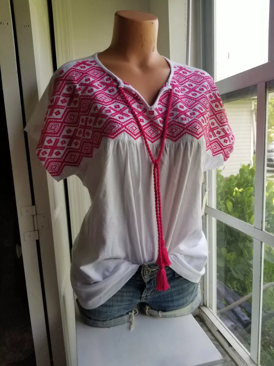 KEEP IN TOUCH Embroidered Bohemian Peasant Top Blouse White Pink