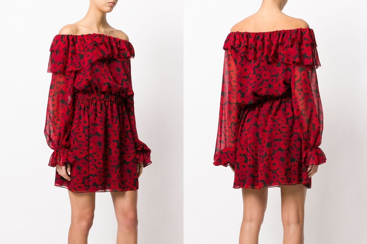 🆕️SAINT LAURENT POPPY Print Georgette Silk ONE-SHOULDER 🆕️SAINT LAURENT POPPY Print Georgette Silk ONE-SHOULDER