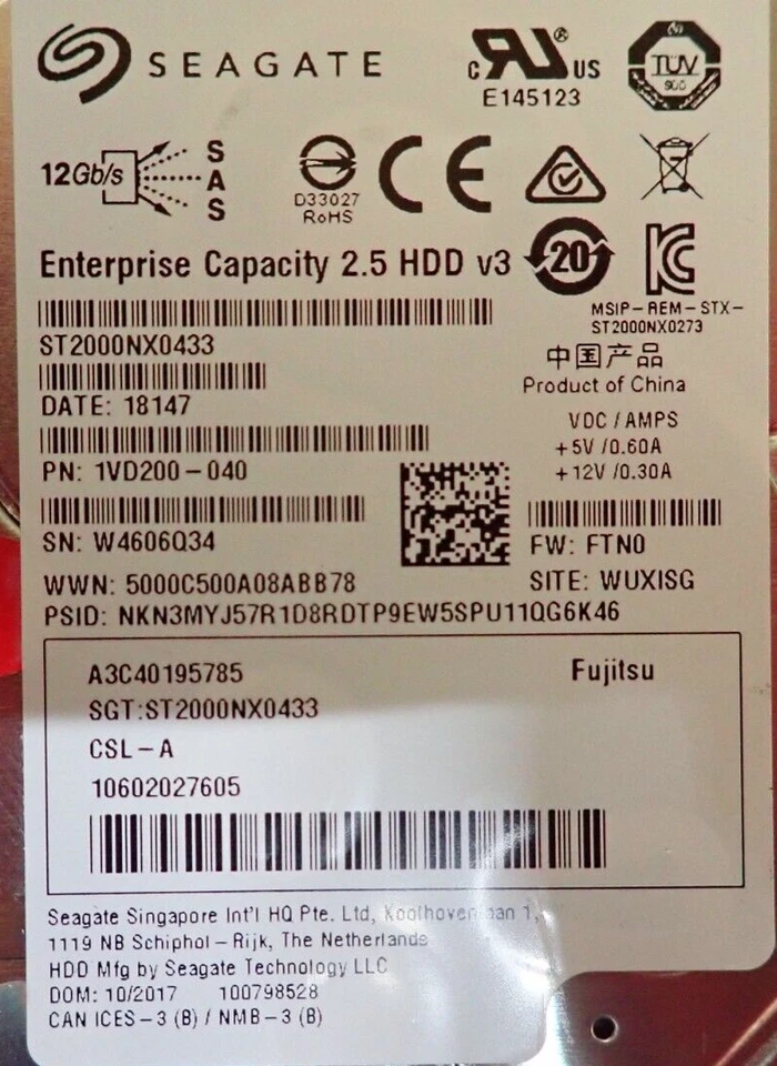 Fujitsu 2TB 7.2K 2.5" SAS 12G 512E Hot-Plug Hard Drive HDD S26361-F5600-L200 - Image 3 of 4