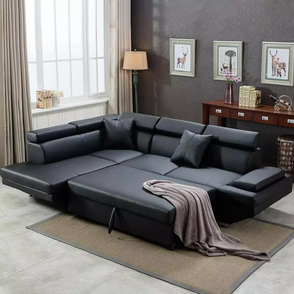 Contemporary Sectional Modern Sofa Bed Black with Functional Armrest Back L