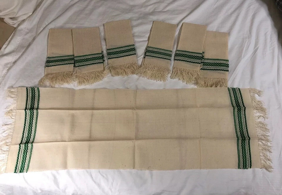 New Farmhouse FEED SACK Burlap 6 Napkins & 36" Table Runner Primitive green trim - Image 2 of 4