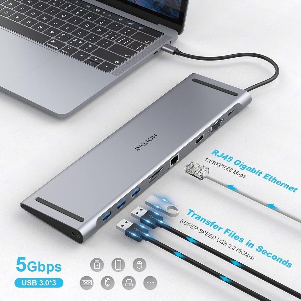 Estación de acoplamiento USB C para laptop HOPDAY 10 en 1 con doble pantalla, concentrador USB C, imagen 5