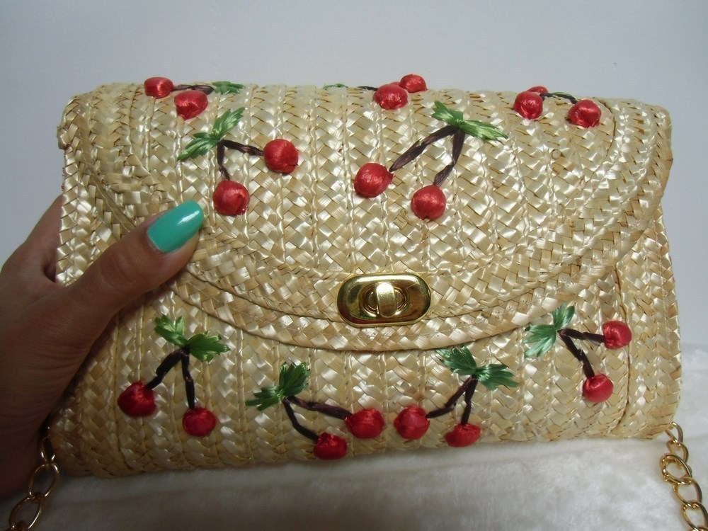 SAOLA Borsa A Mano Retro Vintage Pinup Paglia Beige Ciliegie Anse Dorata