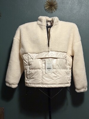 NWT FABLETICS Nelly Mixed Media Half Zip Sherpa Pullover Jacket Ivory Quilted M
