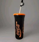 32 oz 90's plastic cup w/ straw enjoy coke Coca-Cola black & neon orange vintage