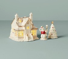 Lenox "Mistletoe Park" JUEGO DE INICIO DE 3 piezas árbol de cabaña muñeco de nieve iluminado nuevo en caja