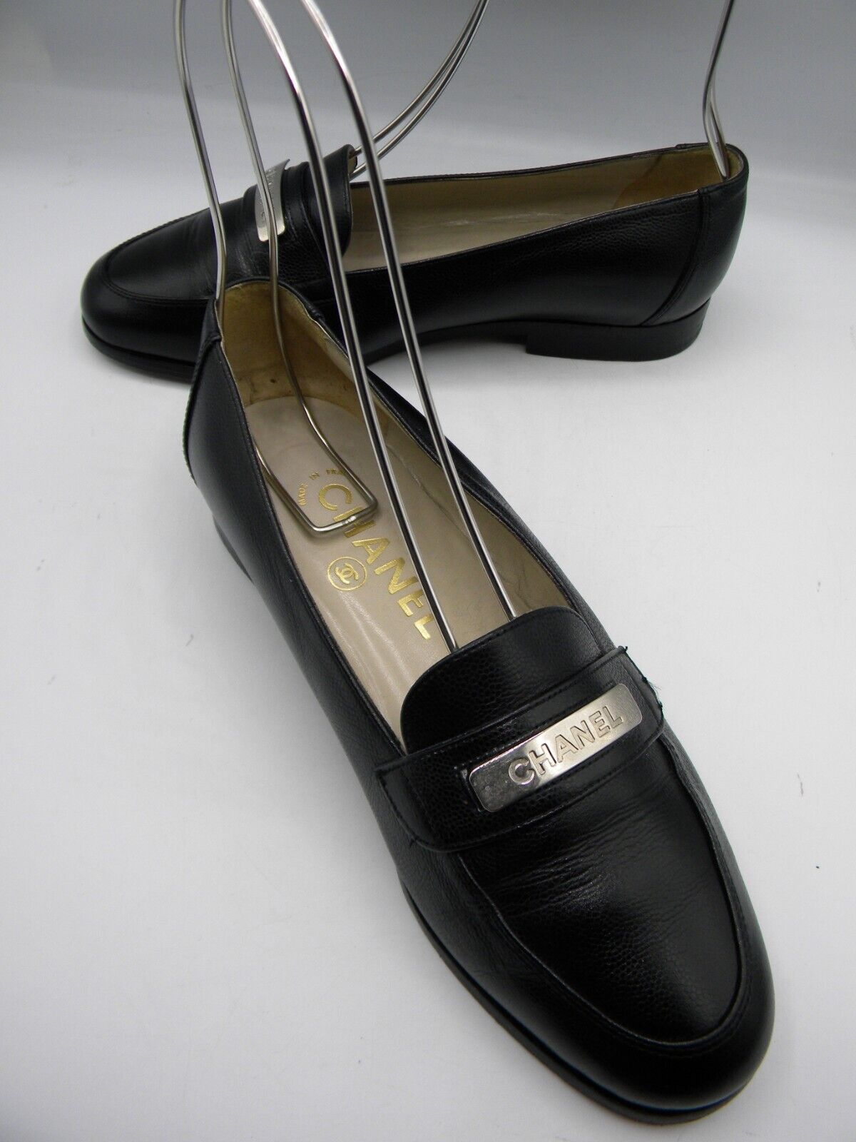 Chanel Black Leather Loafers Silver Logo Plate Size 36