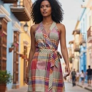 chinese dress ladies Erma Drop Waist Linen Dress-Blue, Pink and Green Madras