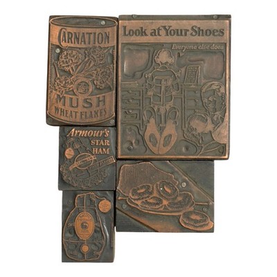 Lot 5 Vintage Letterpress Printing Blocks Carnation Ham Shoes Advertising