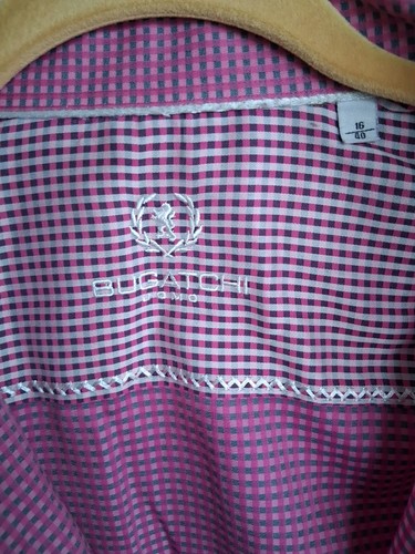 Bugatchi Uomo Mens Dress Shirt Pink Purple White Check Cotton Embroidery 16/40 M - Picture 9 of 9