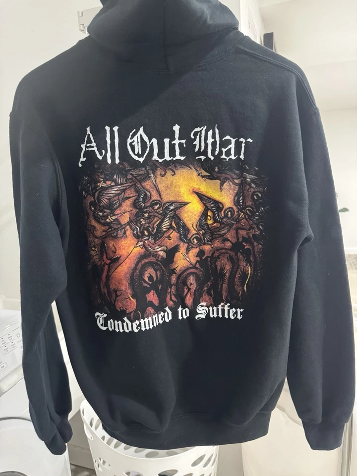 Vintage All Out War Hoodie Y2K Hardcore Pullover Sweater - Image 3 of 3