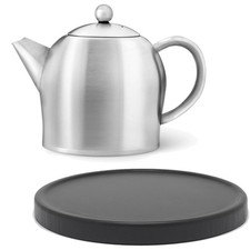 Teekanne Set 0.5 L Edelstahl matt doppelwandig Kanne & Holz Untersetzer schwarz