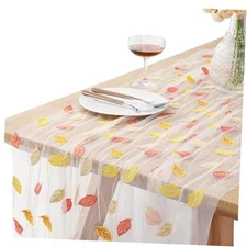 Fall Cheesecloth Table Runner 10ft Embroidery Leaves Autumn Tulle Table Runner 