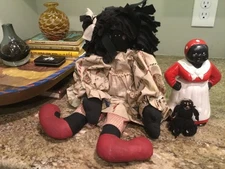 Vintage Handmade Primitive Folk Art Rag Doll bank and yarn doll