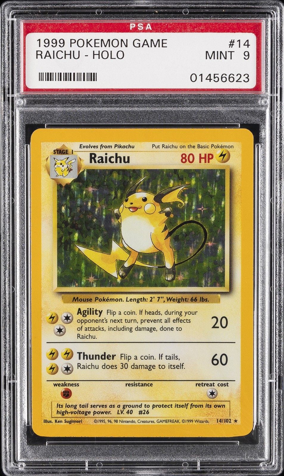 1999 POKEMON BASE SET UNLIMITED #14 RAICHU-HOLO PSA 9