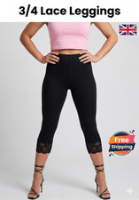 WOMEN LADIES CAPRI SOFT 3/4 CROPPED LACE TRIM LEGGINGS STRETCHY PANTS SUMMER 16