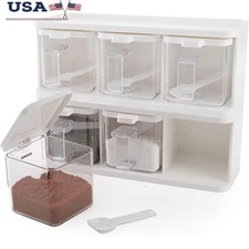 Clear 2 Pack Seasoning Box Condiment Dispenser W/ Serving Spoons Non-Slip Tray