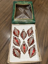 8 VTG Commodore Romania Glass Ornaments Teardrop Red White Pink Gold Glitter