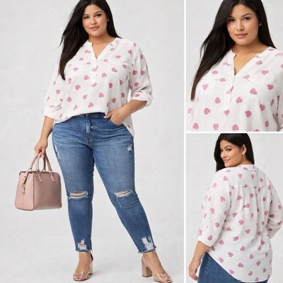 Torrid Harper Blouse 3 3X 22/24 Heart Print Challis Pullover 3/4 Roll Tab Sleeve