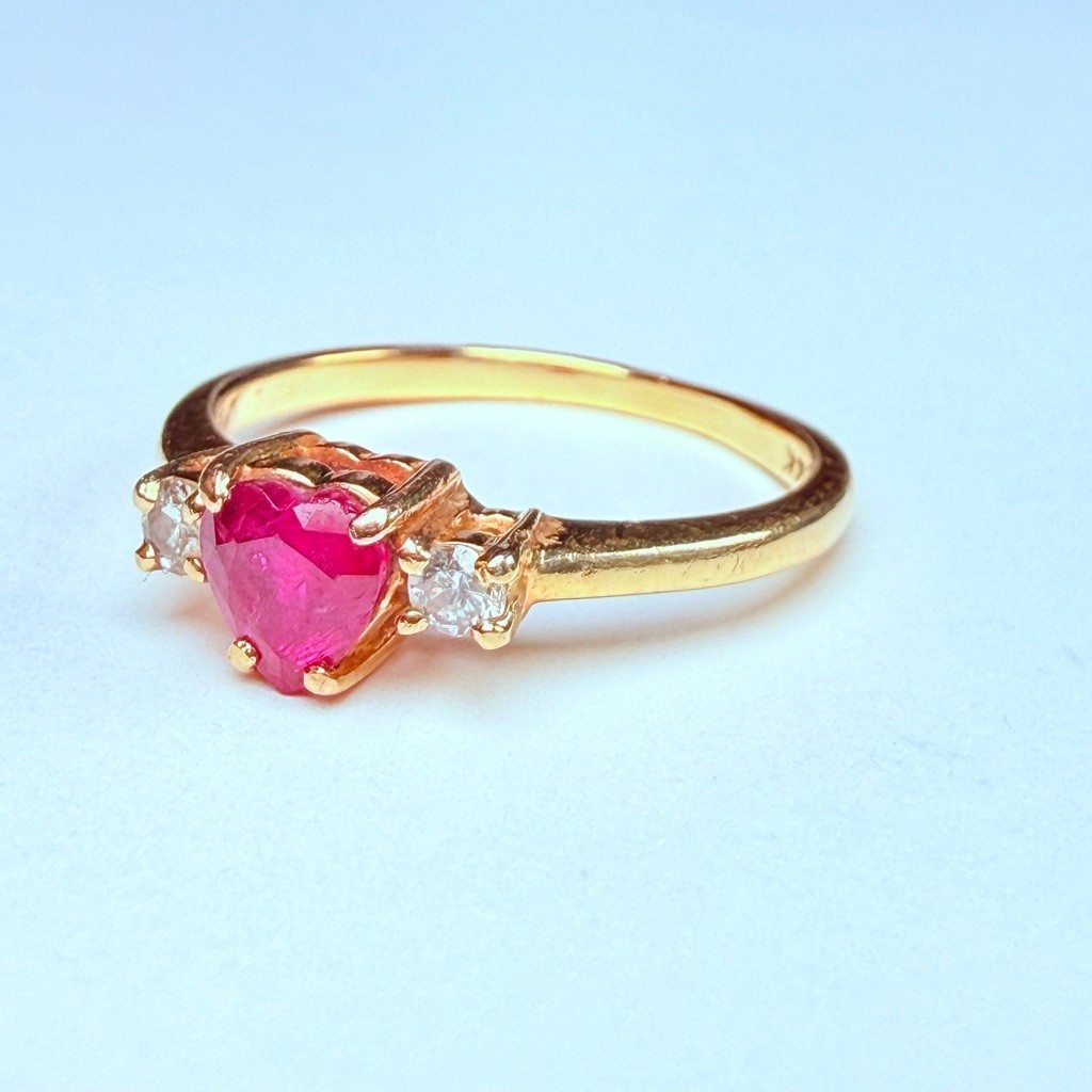 14K Solid Yellow Gold Red Genuine Ruby Heart & Di… - image 3