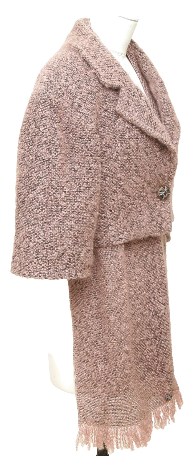 CHANEL Giacca Sciarpa Blazer Cropped 2pz Rosa Nero Mohair Manica 3 4 40 2014 14B