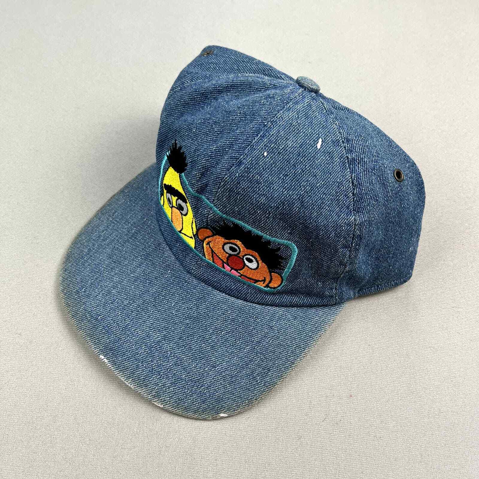 Vintage Sesame Street Hat Cap Strapback Blue Denim Bert Ernie PBS Adjustable 90s