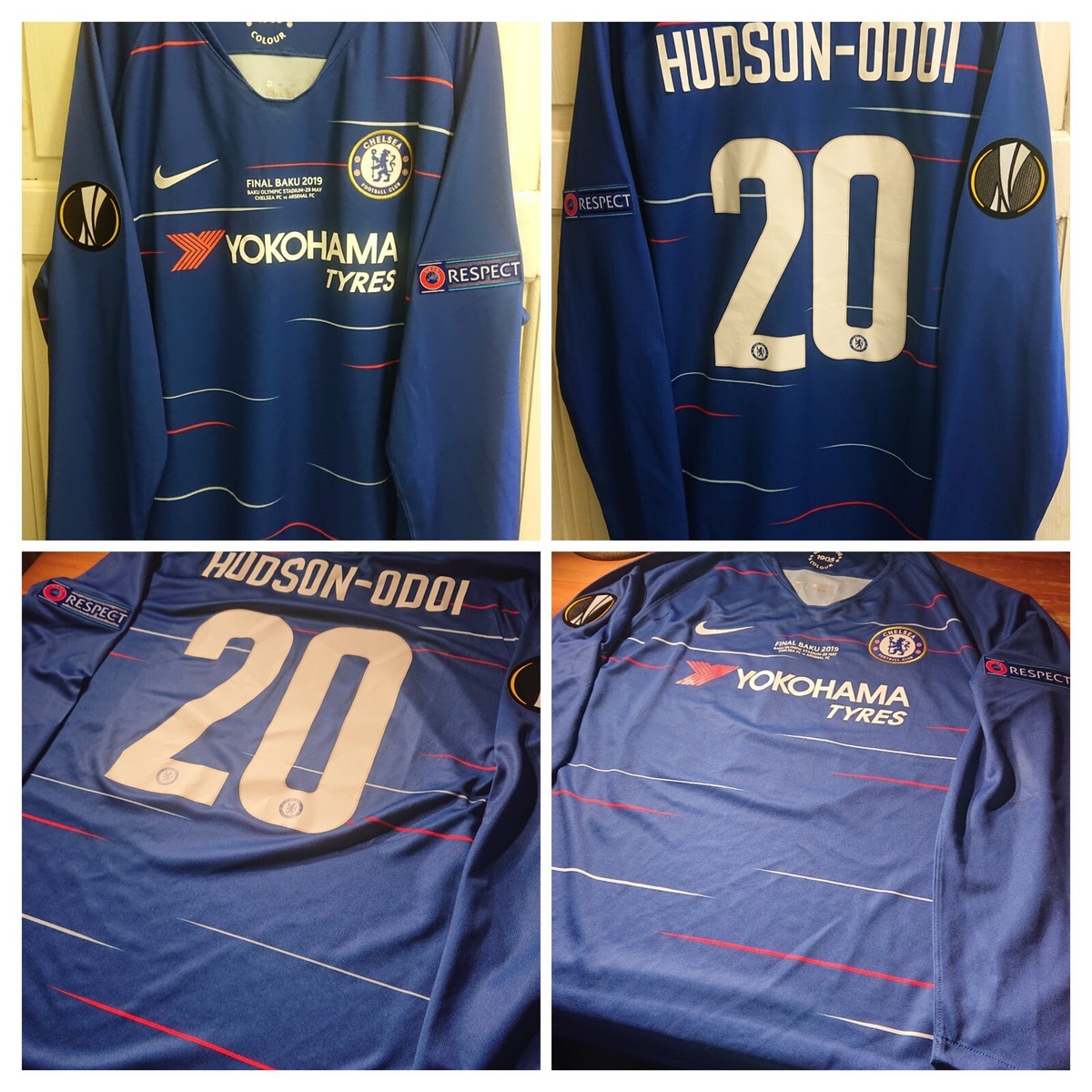Eden Hazard Hudson Odoi Jersey RARE Chelsea L/S 2019 Europa Cup Final  Shirt(Arsenal )#20 Hudson -odoi-Size 2X L
