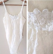 Vintage Lace Bodysuit Cream Sheer w Floral Beaded Sequin Applique Nylon Lingerie