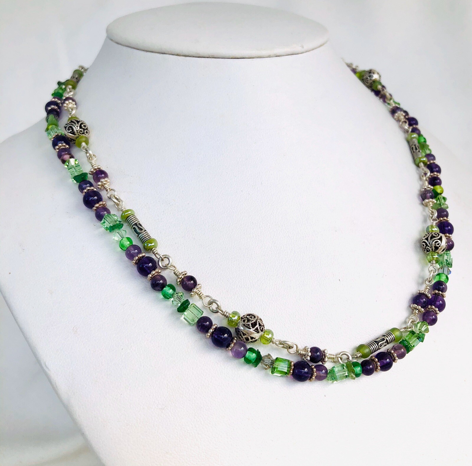 Amethyst Tzavorite Garnet Swarovski Glass Filigree Bead Necklace 17.5 Inch-image