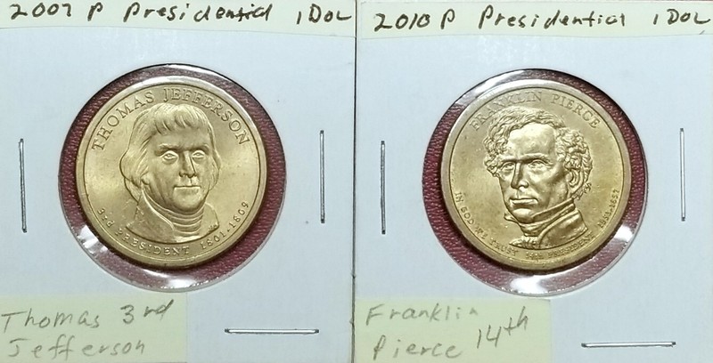 2 Presidential Dollars - 2007P Thomas Jefferson & 2010P Franklin Pierce    5315v