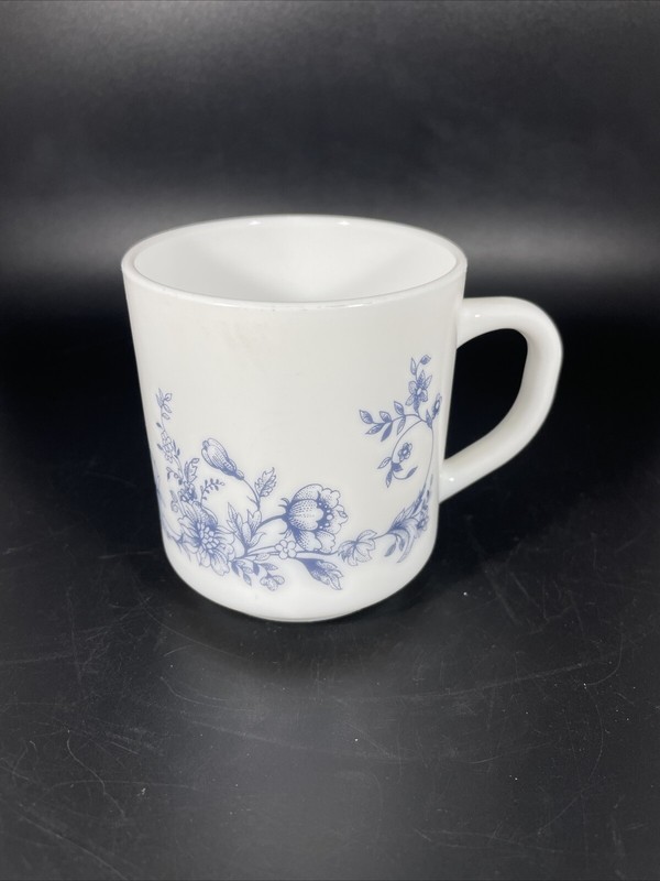 Beautiful Arcopal France Coffee Tea Cup Mug Blue Floral Milk Glass