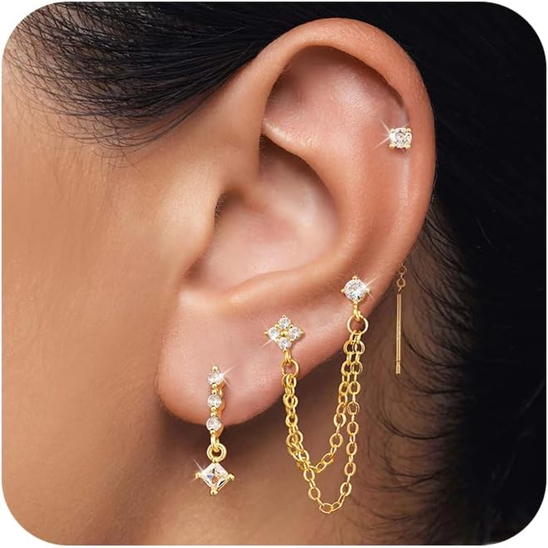 Gold Chain Earrings for Women Dainty Long Dangle Chain Earring Set, Trendy Hoop