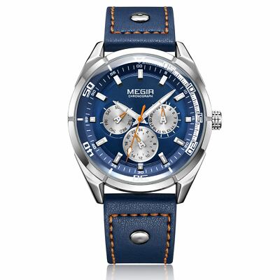 MEGIR Men's Watches Quartz Movement Alloy Case Leather Band Blue