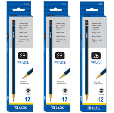BAZIC #2B Premium Wood Pencil Blue 36 pcs 3 Pack,  Writing Drawing and Sketching