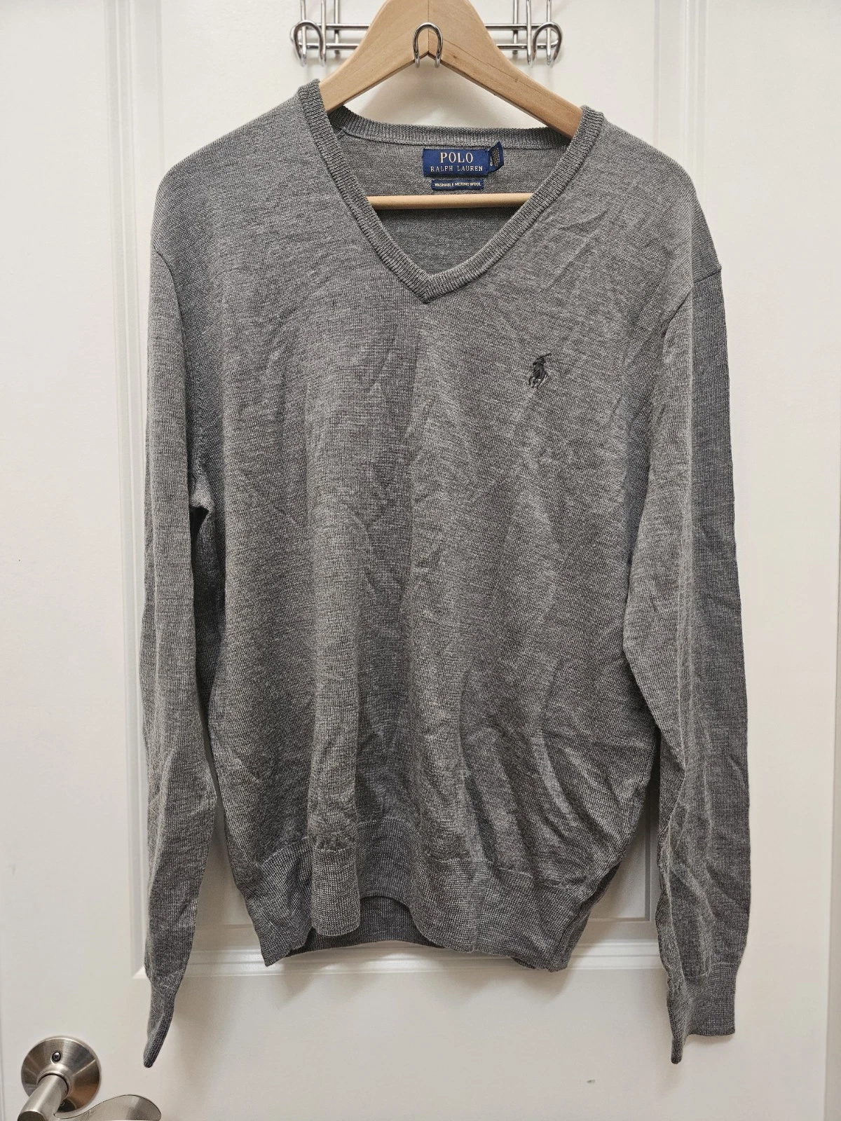​Polo Ralph Lauren Washable Merino Wool V-Neck Sweater Mens Large Gray Pony