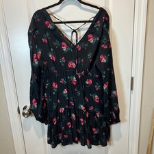 A New Day Black Floral Print Tiered Mini Dress Tie Back V Neck Long Sleeve L