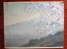Japanese Mt Fuji Landscape With Cherry Blossoms By KYOHA, W/C, Early 20th