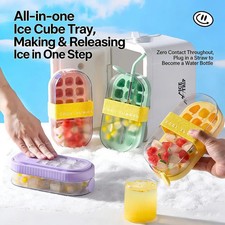2-in-1 Ice Cube Maker Portable Water Bottle Ice Tray Mold Lid Squeeze&Straw Set