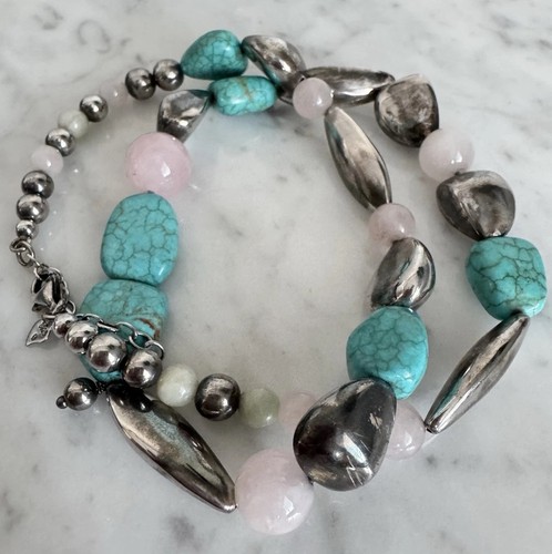 Vintage 925 Sterling Silver Turquoise & Pink Quartz Beaded Necklace 18" - 39.48g - Picture 9 of 15