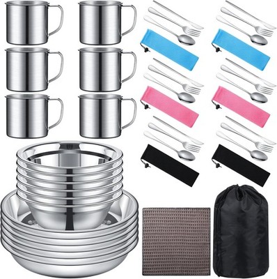 16 Pcs Outdoor Camping Cookware Mess Kit Polished Stainless Steel Dishes Camp...