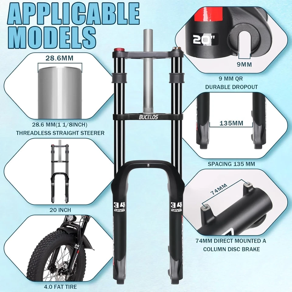 BUCKLOS 20*4.0 pulgadas neumático grueso nieve montaña bicicleta aceite suspensión horquilla 180 mm viaje Foto 3 de 4