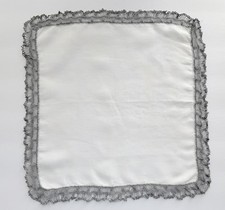 VINTAGE HANKY WHITE LINEN W/ GRAY CROCHET OR KNITTED EDGES UNIQUE LOVELY