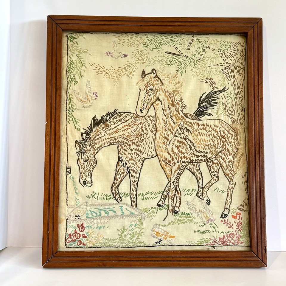 Vintage Framed Hand Stitched Embroidered Horse Wall Art Handmade 17x20