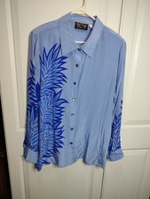 Vtg 100 Silk Blue Bob Mackie Wearable Art Funky Button Up Blouse Sz 1X