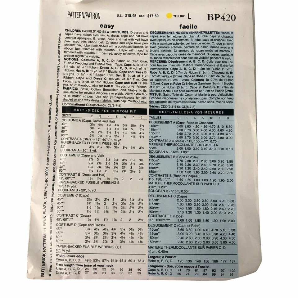 Butterick Girls No-Sew Costume Pattern BP420 Sizes 6-8 Princess Witch Designs - Image 2 of 4